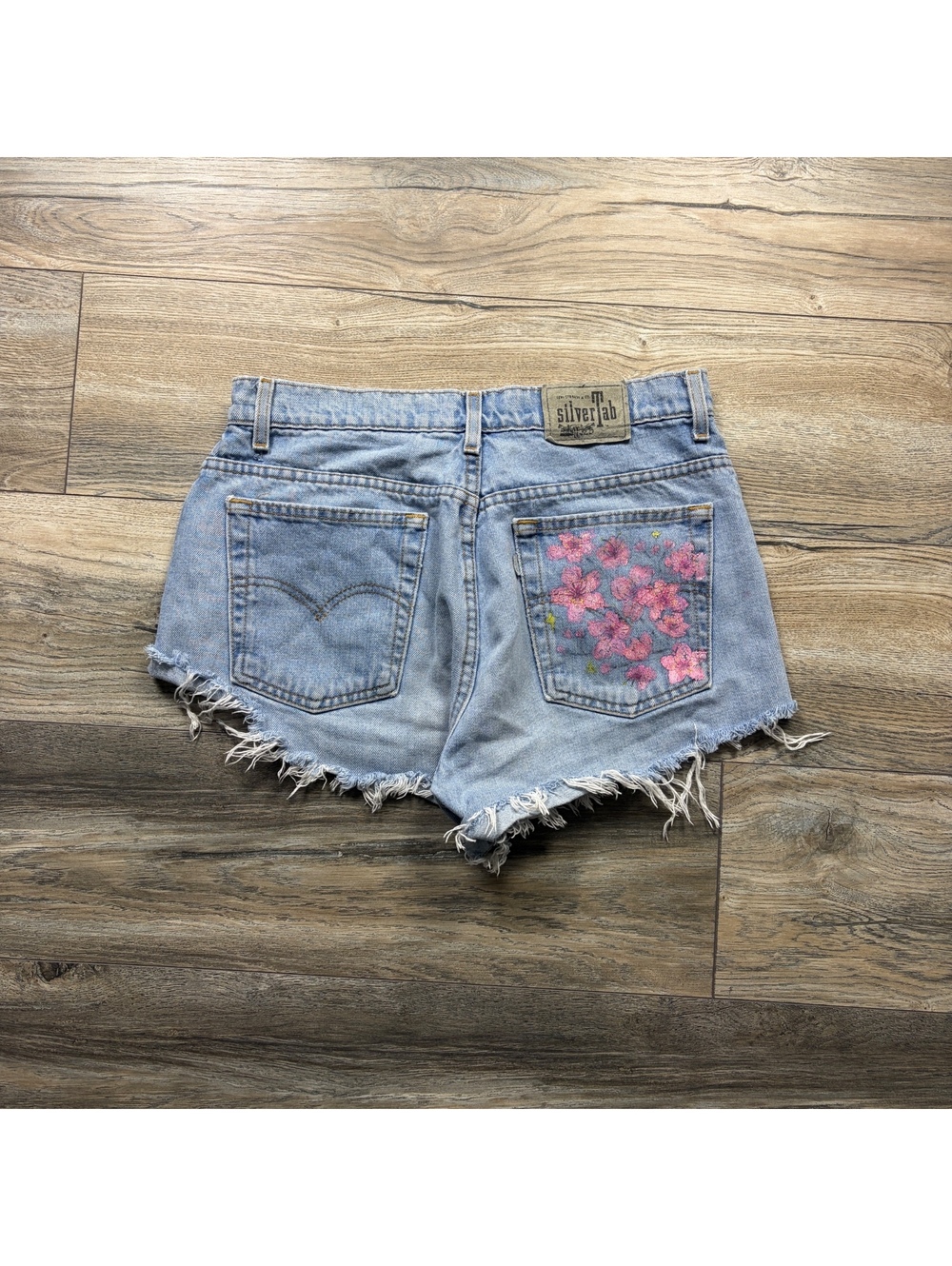 90’s Silver Tab woman’s cut shorts, distressing throughout, 13/14